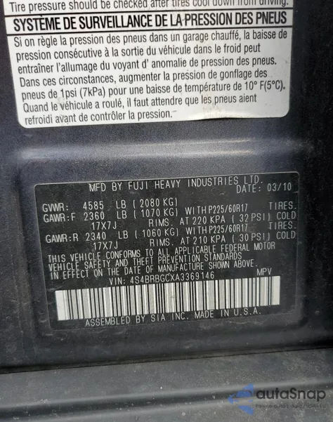 2010 Subaru Outback 2.5I Premium from USA, damaged, VIN 4S4BRBGCXA3369146